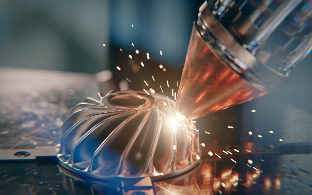 Close-up of CNC laser machining metal aerospace component with sparks
